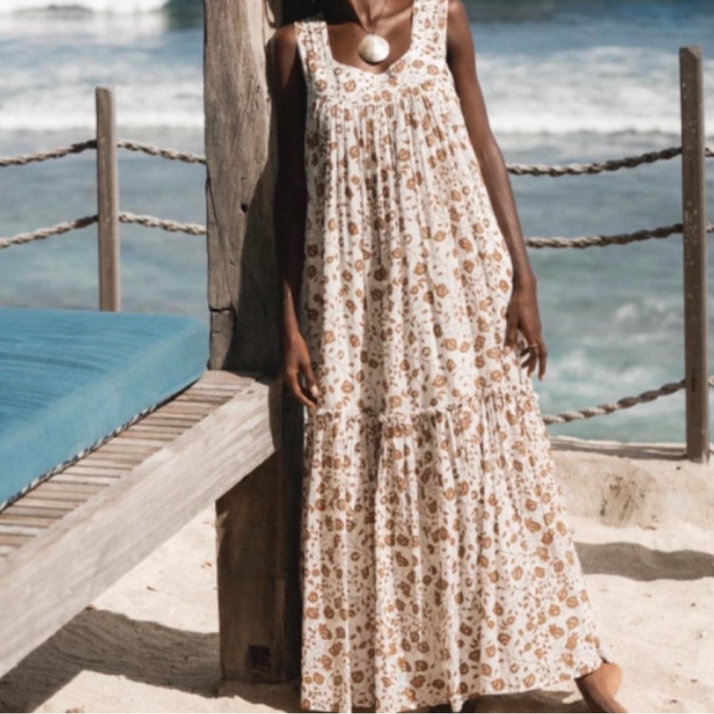 Daughters of India Lopa Floral Maxi Dress Cream & Brown flowy sz S 100% cotton